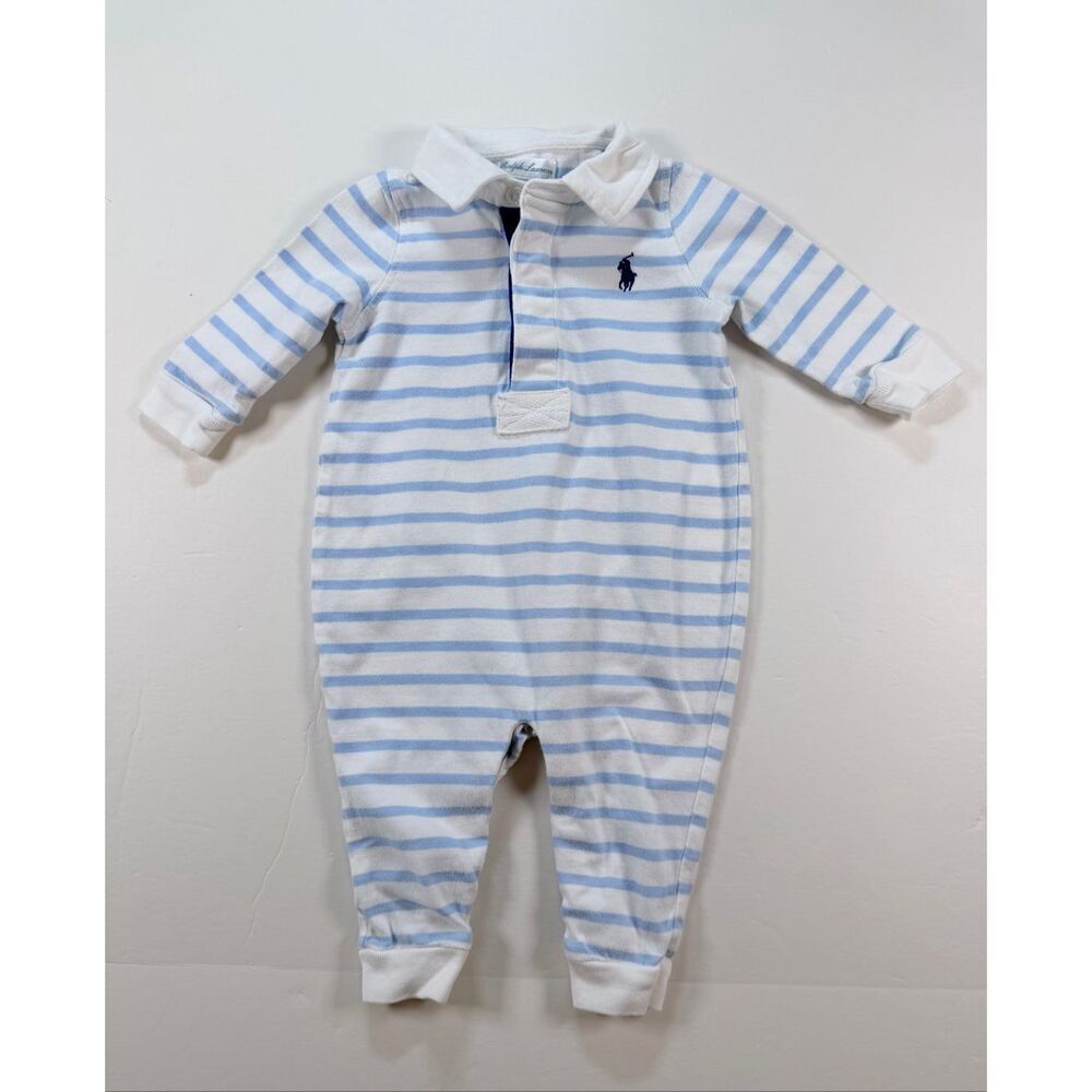 Ralph Lauren Baby Size 6M Blue White Stripe Polo Romper 1 Piece Embroidered Pony
